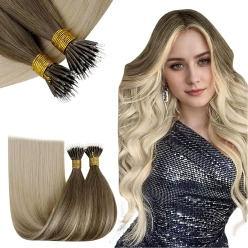 RUNATURE Blond Extensions Nanoring Echthaar Balayage 45cm Unsichtbarer Extensions Nano Beads Echthaar 1g Balayage Ombre Braun Blond Haarverlangerung Nano Ring Echthaar 50G/50S #8T60