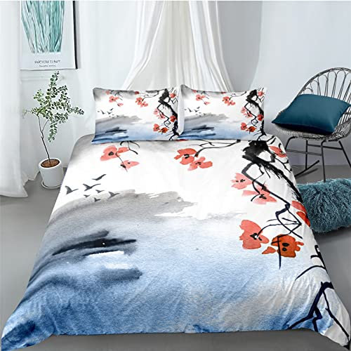Flor De Ciruelo De Arte De Tinta Ropa De Cama Funda De Edredón Y Funda De Almohada 260X240 Cm Juego De Cama 100% Poliéster con Cremallera Oculta - Antialérgico Cómodo Suave Fácil De Limpiar