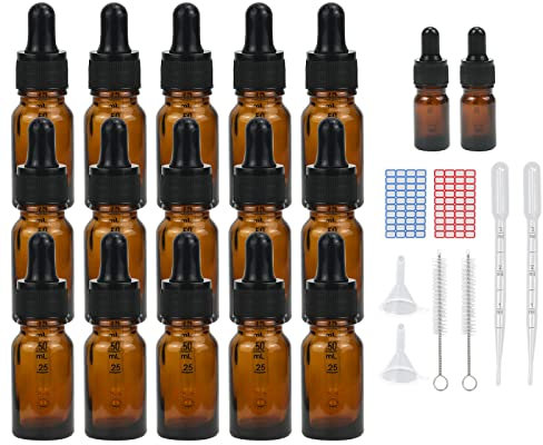 Episkey 15 X 10ml Flacons en verre ambre avec pipettes, 2 X 5ml vides brun Bouteilles compte-gouttes en verre pour les huiles essentielles Fragrances aromathérapie (brun 15 x 10ml)