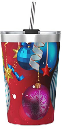 Allocs Weihnachtskugel, 340 ml, isolierter Edelstahl-Becher mit Deckel und Strohhalm, ideal für heiße und kalte Getränke – Wein, Champagner, Kaffee, Eis