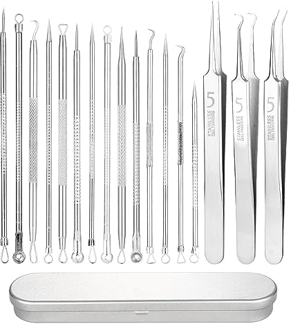Mitesserentferner, Edelstahl Akne Whiteheads Mitesser Entferner Kit,16 Stücke Komedonen-Entfernungswerkzeug, mit Metallgehäuse und Pinzette, für Whitehead-Akne auf der Nase, Gesicht