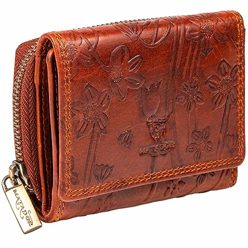MATADOR Kleine ECHT Leder Geldbörse CHIQUITO Damen Portemonnaie Klein Frauen Geldbeutel TüV Geprüfter RFID/NFC Schutz Blumenprägung Braun