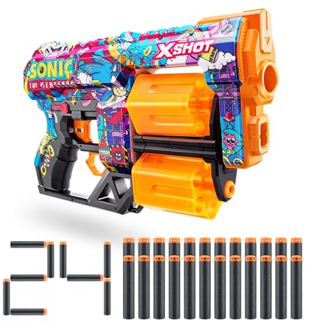 Pistola XSHOT Skins Dread Sonic Robotnik - Sonic il Riccio di ZURU con 24 dardi, doppia canna rotante, dardi con tecnologia a sacca d'aria, pistola giocattolo gommapiuma per bambini