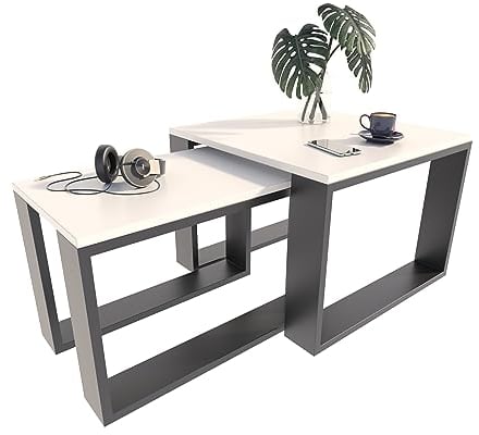 MATKAM Satztisch 2er Set, Couchtisch im Industrie-Stil, hoher Beistelltisch B60 x T60 x H43,3 cm, niedriger Beistelltisch B39 x T39 x H40,8 cm, einfache Montage (Weiß)