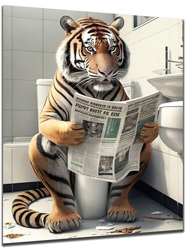 DARO Design - Bilder Deko Gäste WC Wandbild Badezimmer Bad Toilette Kunstdruck Bild auf 6mm HDF 56x84 cm Tiger Wanddeko - lustige Wandbilder Leinwand Poster Aesthetic Room Decor