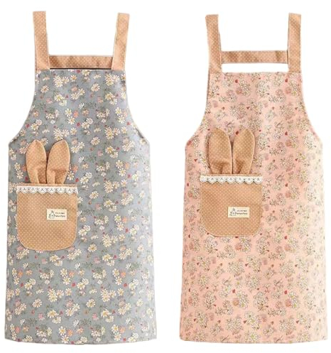 LEEQ 2pcs Delantales de Cocina para Mujeres - Delantales Florales para Cocinar Hornear Jardinería, Delantal de Chef Vintage con Bolsillos, Lindo Regalo de Cumpleaños para Mamá Esposa Abuela