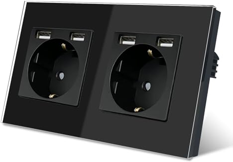 TAWOIA Schuko Steckdose mit USB （MAX 2,4A),EU-Standard 2 Fach Steckdosen mit Kristall Glas Platte Doppel Wandsteckdosen Schwarz 86 * 157mm