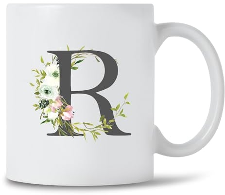 Seriously Frank Personalised Floral Initial Coffee Mug, Grey Text, A-Z Letters of The Alphabet Decorated with Flowers (Initial R)