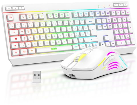RedThunder K20 Combo Tastiera e Mouse Wireless, Tastiera Full-Size Anti-ghosting con Tasti Multimediali + Mouse Ottico 7D 4800DPI, Set da Gioco/Ufficio RGB Ricaricabile per PC Laptop Mac Xbox(Bianco)