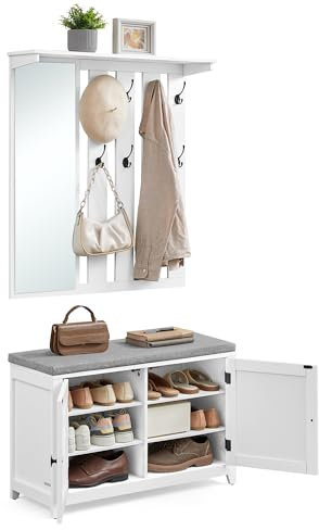 VASAGLE Schuhbank Wandgarderobe Set, Garderobe mit Spiegel, 8 Doppelhaken, Schuhschrank mit verstellbaren Ablagen, Doppeltüren, Sitzbank, Sitzpolster abnehmbar, 82 cm breit, wolkenweiß LSC010W01