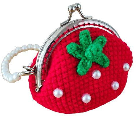 Saisifen Cute Crochet Strawberry Coin Purse Pouch for Women Kiss Lock Change Purse Pearl Wristlet Mini Coin Bag Handmade Small Strawberry Purse