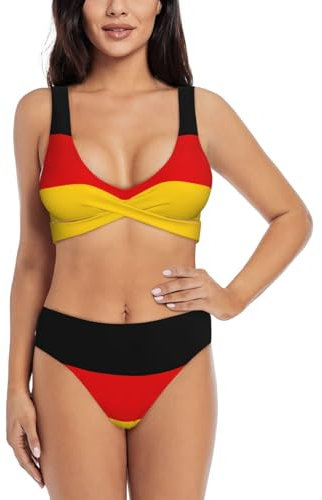 Ensemble bikini drapeau allemand pour femme - Maillot de bain 2 pièces taille haute pour femme 2024 avec contrôle du ventre, noir, Taille L