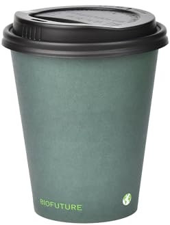 BIOFUTURE Biodegradable Coffee Cups – 50 x 6oz – 16oz (170ml – 450ml) Disposable Paper Cups with Lids – Eco-Friendly and 100% Compostable – Ideal for Tea, Coffee, and Hot Drinks (Green, 8oz)