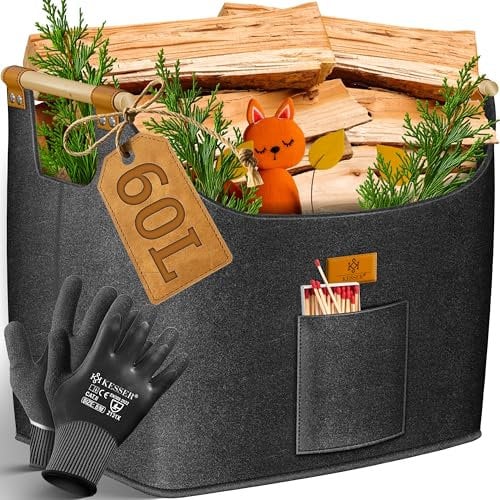 KESSER® Cesta para leña de 60 litros, bolsa de fieltro extra grueso, cesta plegable con asas de madera reforzadas, cesta de almacenamiento para madera, periódico o leña, incluye guantes de trabajo