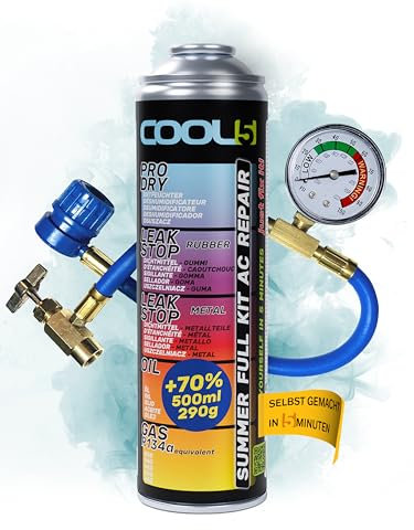 COOL5 5in1 - Klimaanlagen-Reparaturset, AC, R134a Kältemittelersatz für Klimaanlagenbefüllung für Autos 1995-2016 + Messschlauch + Universalreiniger 500ml