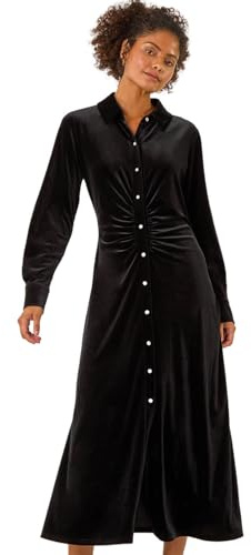 Roman Originals Velvet Button Shirt Stretch Midi Dress for Women UK - Ladies Everyday Autumn Winter Round Neckline Comfy Soft Evening Vacation Work Party Night Out - Black - Size 10