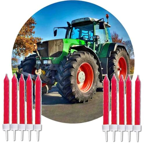 Traktor Kuchendeko-Set mit essbaren Tortenaufleger Traktor und 10 rote Kuchenkerzen // Bauernhof Kuchendekoration