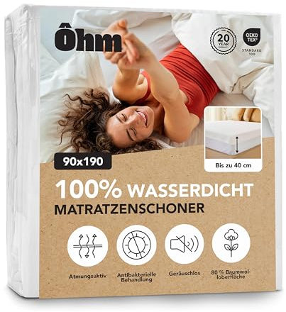 Matratzenschoner 90 x 190 cm | Matratzenauflage | Wasserdicht & geräuschlos | Hypoallergene & saugfähige Baumwolle | Anti-Milben | Rundum bis 40 cm | Oeko-TEX | Ôhm