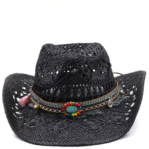 Cazqgoy Chapeau de cowboy chapeau de cowgirl occidental pour femmes hommes chapeau de paille chapeau western chapeau brésilien bohémien panama chapeaux d'été chapeau de soleil chapeau de plage, Noir ,
