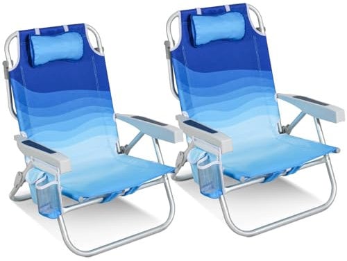 Homecall Strandstuhl Klappbar Leicht Klappstuhl Strand 5-stufig verstellbare Rückenlehne - Strandsessel Strandstühle Faltbar Bis 136KG für Strand, Outdoors (Niedrig, Blaue Welle, 2 Stück)