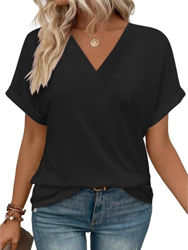 iChunhua V Neck Tee Shirts for Women UK Plain Stretch Ladies Blouses Size 18 UK Short Sleeve Tops Black 2XL