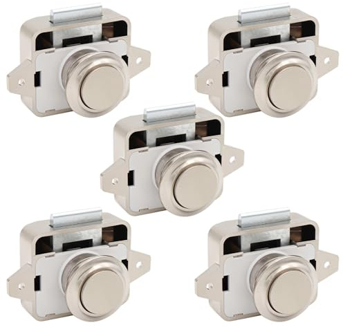 YOFAPA Push Button Cabinet Lock 5 Pack, Chrome Plated RV Drawer Latches, Marine Grade Metal Push to Open Locks, Keyless Door Catches for Camper Boat Storage Compartments
