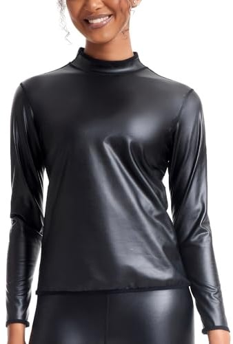 Ausing Långärmade topp/tröja för damer, läder, metalliska långärmade skjortor, stretch, hippa danstoppar, karneval, festkostym XS-3XL, XL