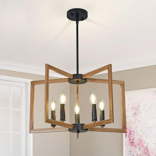 GHiycotdl Moderne Kronleuchter,E14 Pendelleuchte Esstisch,Rustikal Vintage Deckenleuchte,Metall Hängelampe Esstisch Für Esszimmer Wohnzimmer Foyer Flur Holzrahmen（Wood Texture,5 Lights）