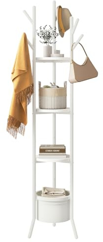 YMYNY Porte Manteau, Portant à Vêtements avec Étagères de Stockage, Arbres de Hall avec 1 Panier en Tissu, Meuble d'Entrée, Design Industriel, pour Chapeaux, Sacs Chambre, Blanc HGR005W