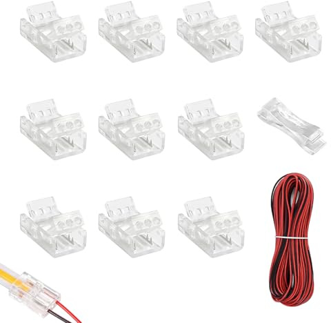10m Cavo Prolunga LED 2 Pin 22AWG, con 10x 2 Pin 8mm Connettore striscia LED per SMD 5050 5630 Monocolore, Kit Collegamento Rapido con Connettore trasparente LED per Estensione Filo Strisce LED