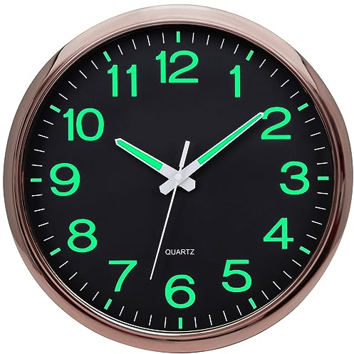 Warminn Wall Clock - Glow In the Dark Clock Lumious Battery Operated Silent 30 cm Rose Gold Modern Clock for Kitchen Living Room Bedroom