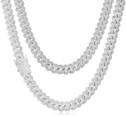 Esrael 14MM Iced Out Kette Silber/Goldkette Herren 80er Jahre Outfit Accessoires Cuban Chain für Männer Hiphop kette Herren Schmuck für Karneval 20-28Zoll