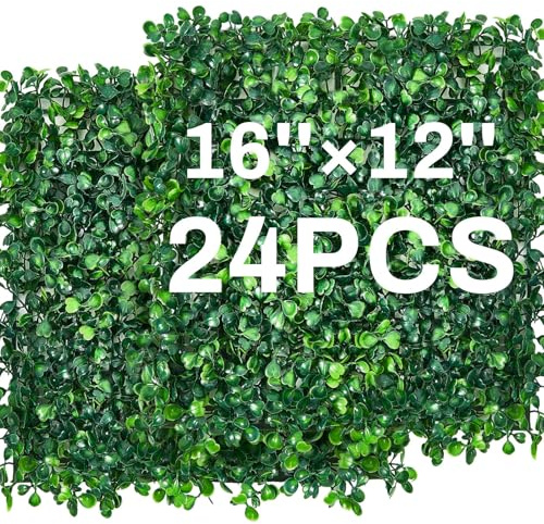 Crowye 24 Pcs 16 x 12 Inch Faux Grass Wall Panels Artificial Boxwood Panels Outdoor Privacy Screen Greenery Backdrop UV Protected Topiary Hedge Plant for Outdoor Indoor Garden Fence Backyard Decor