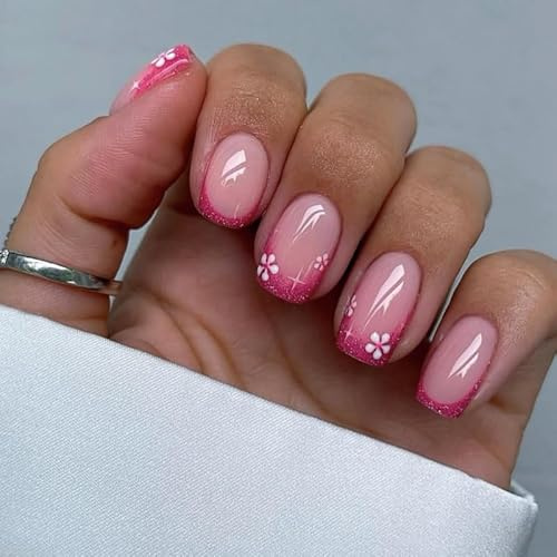 Französische Künstliche Fingernägel in Rosa mit Blumenmuster, Kurz, Quadratisch, French-Tip-Design, mit Glitzerblumen, Acryl-Nägel für den Sommer, für Frauen und Mädchen, Maniküre-Dekoration, 24 Stück