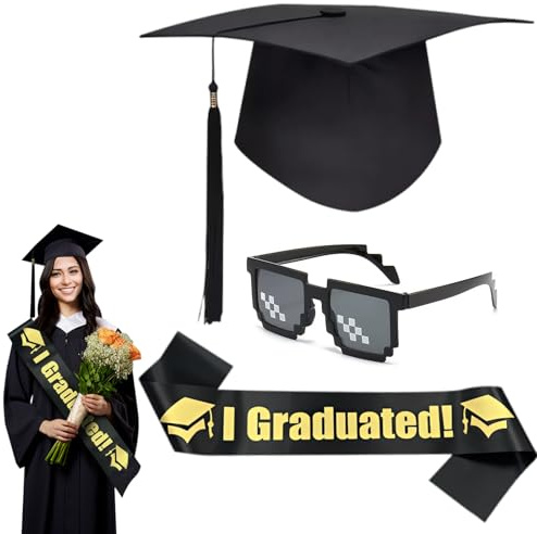 RgitFzi Abschluss Deko Set Mit Bachelor Hut, Schärpe I Graduated Und Partybrille, Graduation Hat Zubehör Für Abi Feier 2026, Uni Fotoshooting, Student Geschenk, Absolventen Party Bachelor Geschenk