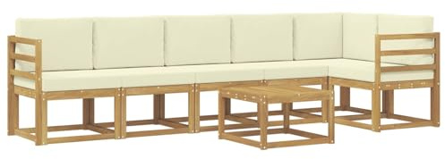 vidaXL Outdoor-Sofagarnitur mit Kissen 7 pcs Weiß und Creme Polyester, Modernes Garten-Sofa Set, wetterfestes Möbel, Sektional für die Terrasse, Akazienholz, Entspannung im Freien