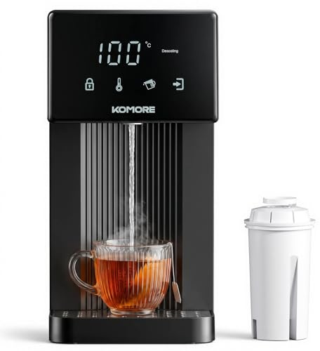 KOMORE 4L Instant Hot Water Dispenser, Water Dispenser with Filter, Black | 7 Temperature Presets 45°C-100°C, 8 Volumes 100-500ml, Auto Clean & Descaling, Child Lock, for Hot Drinks & Baby Bottles