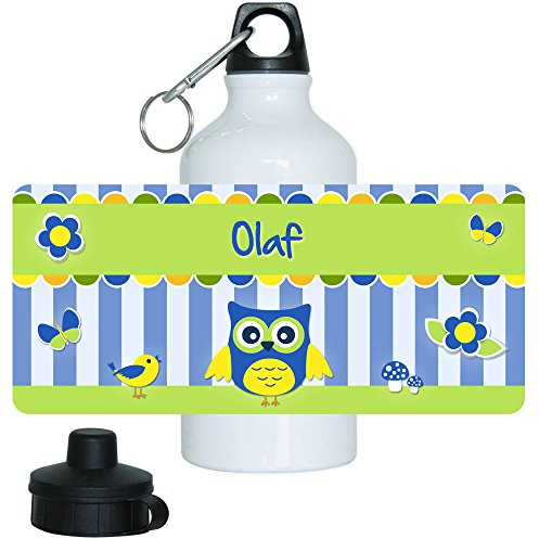 Trinkflasche mit Namen Olaf und schönem Eulen-Motiv für Jungen, aus Aluminium
