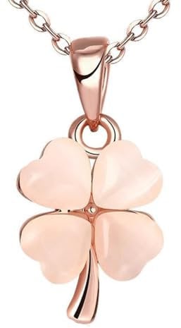 IzuBizu London Womens 18 CT Gold Pink Rose Flower Necklace Four Leaf Clover Lucky Pendant Birthday Anniversary Mother's Day Jewellery