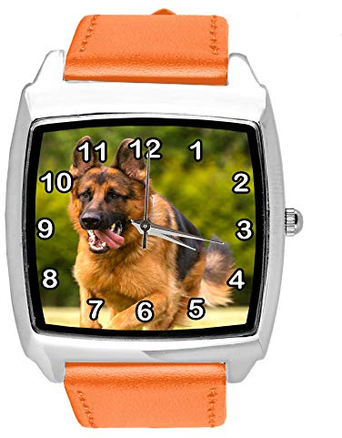 TAPORT® Quarzuhr orange Lederband Quadrat mit deutschem Schäferhund
