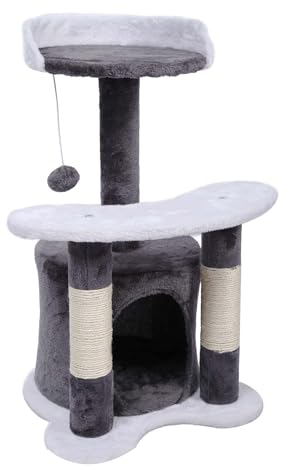 Wiltec Kratzbaum 67 cm hoch in Grau/Weiß, Katzenkratzbaum mit Sisal, Katzenbaum mit Plattform, Katzenhöhle und Spielball, Kletterbaum für Katzen