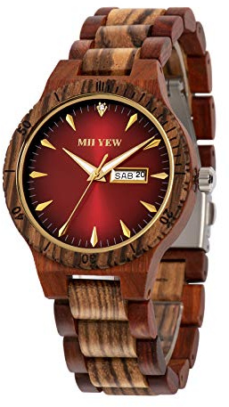 MII YEW Men's Wooden Watch Lightweight Analog Quartz Handmade Wood Watches Red Dial with Date