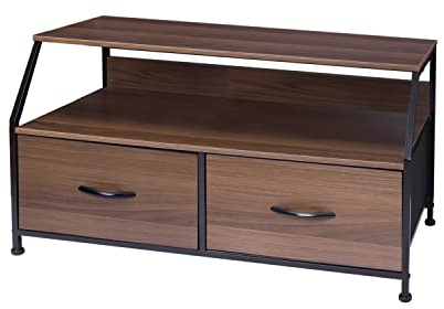 Meerveil Meuble TV,Banc TV avec 2 tiroirs en Non tissé et étagère supportant 25kg,Cadre en Métal, pour Le Salon, 93x39x48,5cm,Noyer