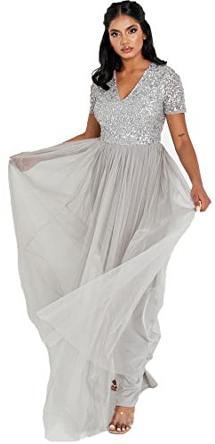 Maya Deluxe Abendkleid mit Pailletten Cocktailkleid Damen mit V-Ausschnitt Tüllkleid Grau Größe 48