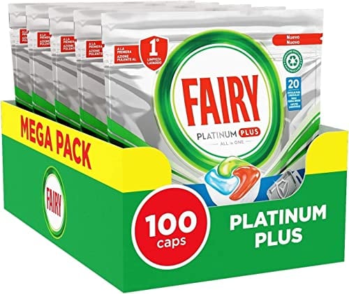 Fairy Platinum Plus Tablettes Lave-Vaisselle All In One, Brise Fraîche Aux Herbes (5x 20 Capsules) Nettoyage Optimal Pour Une Vaisselle Propre Comme Neuve)