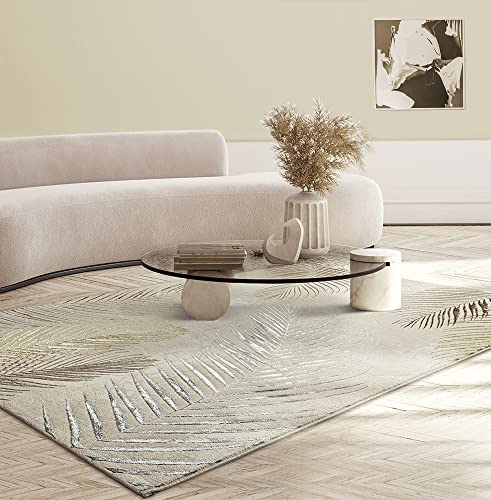 the carpet Mila moderner Teppich Wohnzimmer, elegant glänzender Kurzflor Wohnzimmerteppich in Creme mit Gold Silber Feder Muster, Teppich 80 x 300 cm