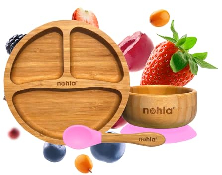 nohla ® - Bamboo Baby & Toddler Suction Plate, Bowl & Silicone Spoon Weaning Set - Suction Ring for Secure Grip on Smooth Surfaces - Eco-Friendly, BPA-Free - Pink