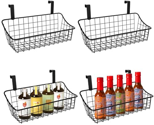 4 cestas de almacenamiento de rejilla con ganchos, cestas de pared de rejilla de alambre sobre el armario, cesta colgante de metal organizador de almacenamiento de cocina para despensa, baño, negro,