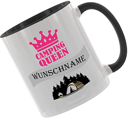 Crealuxe Kaffeetasse - Camping - Queen (Wunschname) -Spruchtasse, Bürotasse, bedruckte Keramiktasse, Tasse mit Spruch, Hochwertige Kaffeetasse (Schwarz)