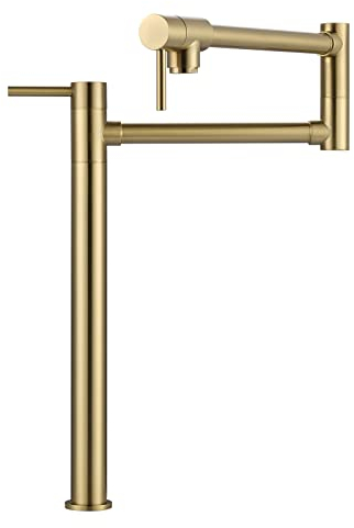 WOWOW Pot Filler Faucet Deck Mount Stove Faucet, Solid Brass Pot Filler Brushed Gold with Stretchable Double Joint Swing Arm (Modern Style, Brushed Gold)